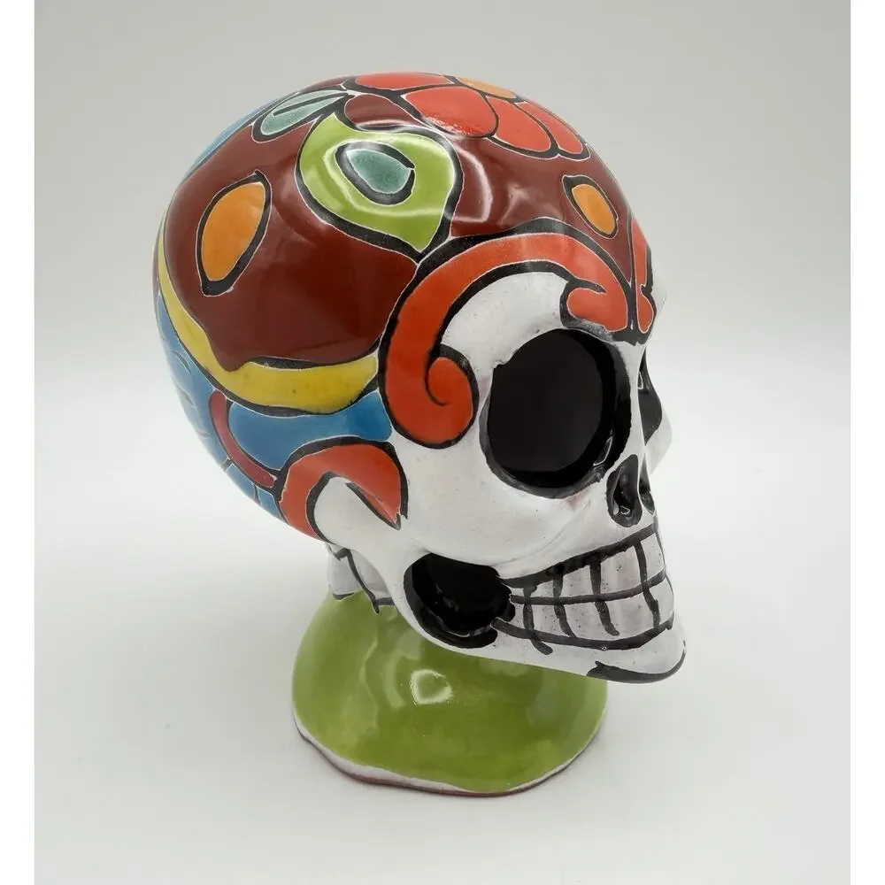 Talavera Mexican Pottery Day of the Dead Skull Figurine 5” Hand Painted Mexico